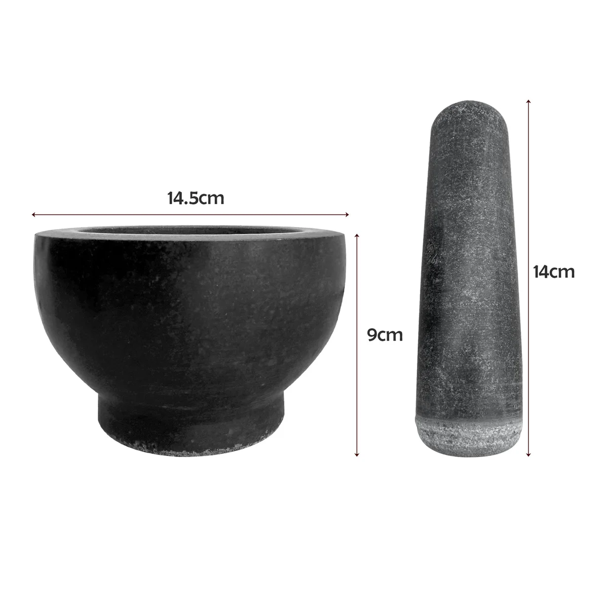 Black granite mortar and pestle set with polished finish, showing pestle resting inside mortar on white background