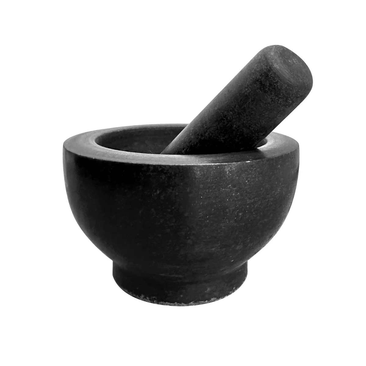 Black granite mortar and pestle set showing polished stone texture and ergonomic pestle grip on white background