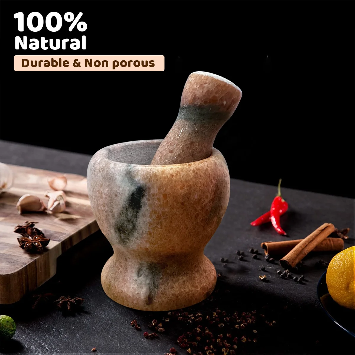 Polished marble herb crusher grinder with easy‑grip handle and compact 11 cm side‑by‑side pestle and mortar.