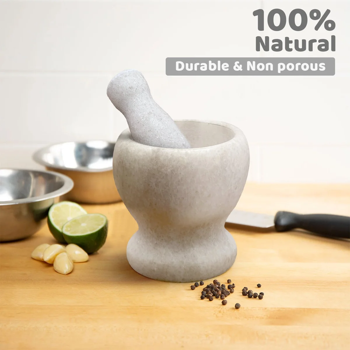 Polished marble herb crusher grinder in 11cm x 11cm mortar and pestle set, compact and easy to clean.