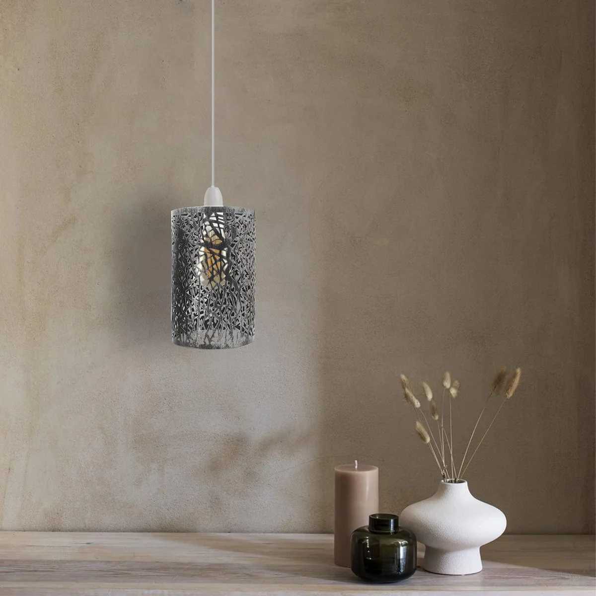 Round metal ceiling pendant shade in retro drum style, easy fit design for quick installation without tools