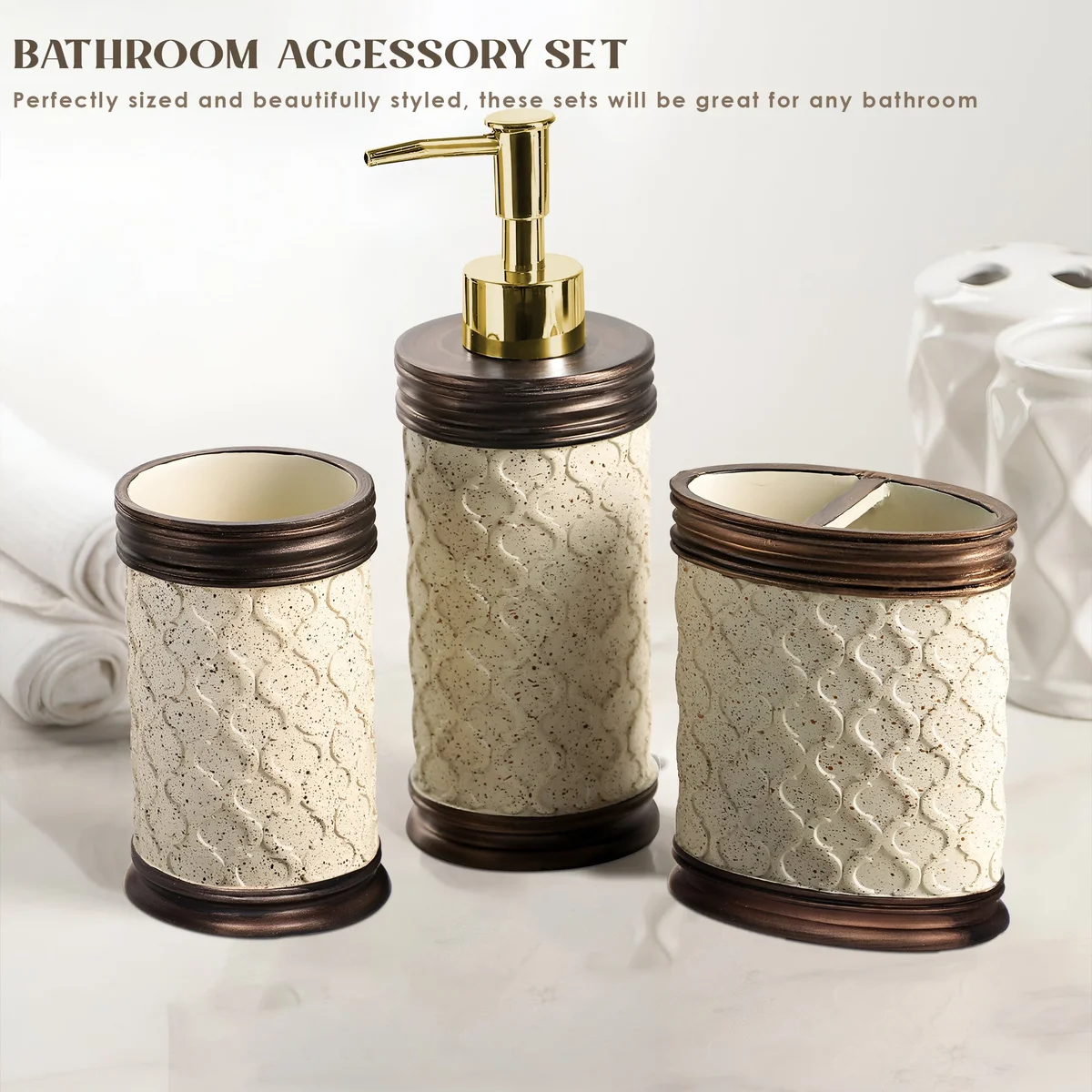Modern bathroom accessories set with resin lotion dispenser, toothbrush holder, and tumbler in stone effect design