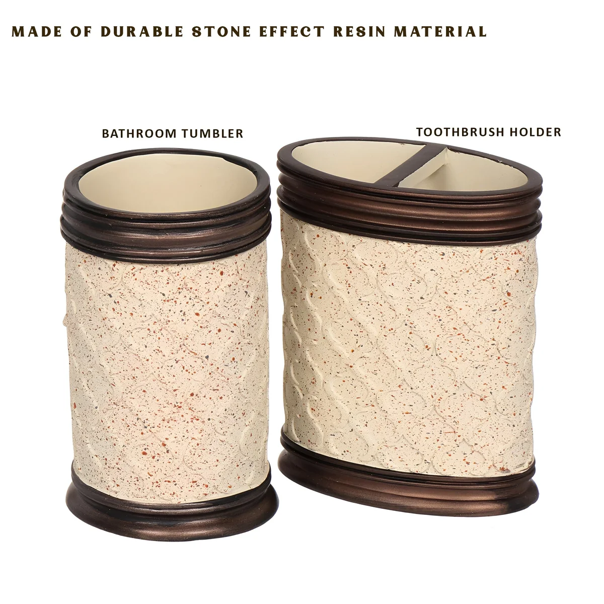 Modern bathroom toothbrush holder set with lotion dispenser and tumbler in stone effect resin finish on white background