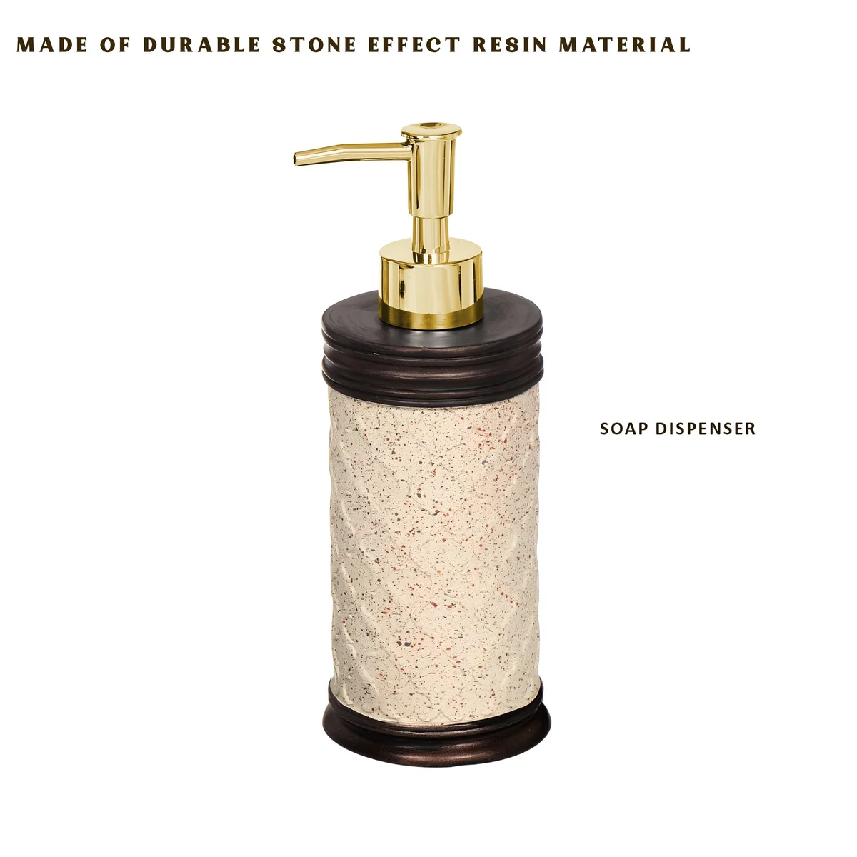 Modern bathroom tumbler cup with stone effect design, part of a 3-piece resin bathroom accessories set including lotion dispenser and toothbrush holder
