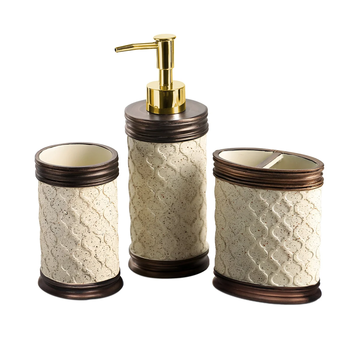 Modern bathroom accessories set with stone effect resin lotion dispenser, toothbrush holder, and tumbler on white surface