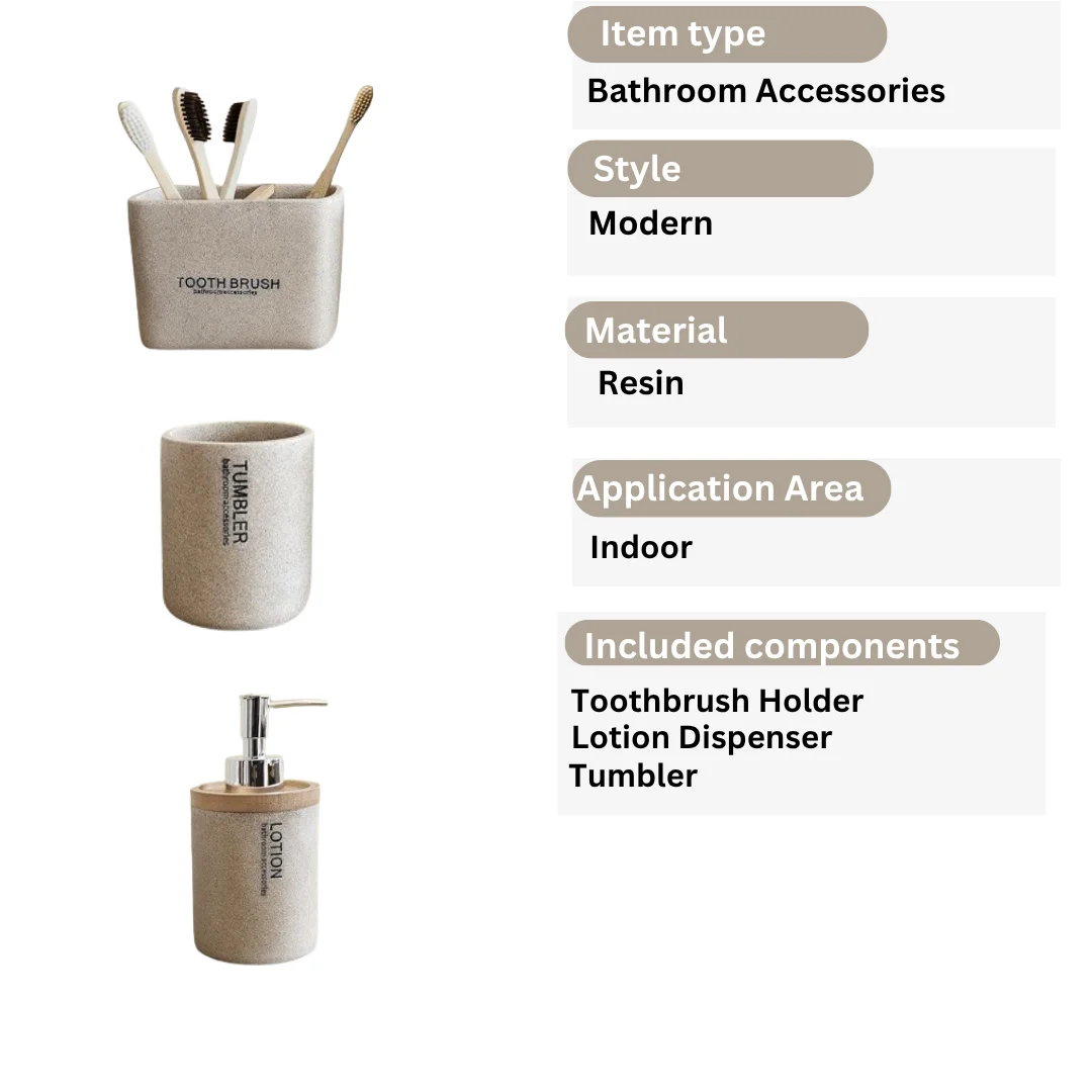 Three-piece modern resin bathroom accessories set with lotion dispenser, toothbrush holder, and tumbler in stone effect finish