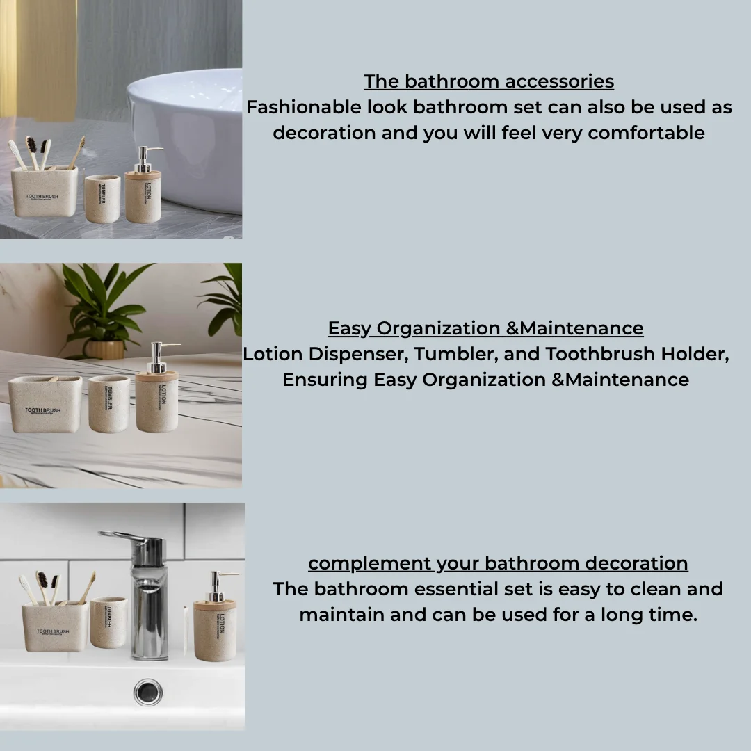 Modern luxury stone effect resin lotion dispenser set with toothbrush holder and tumbler for bathroom use