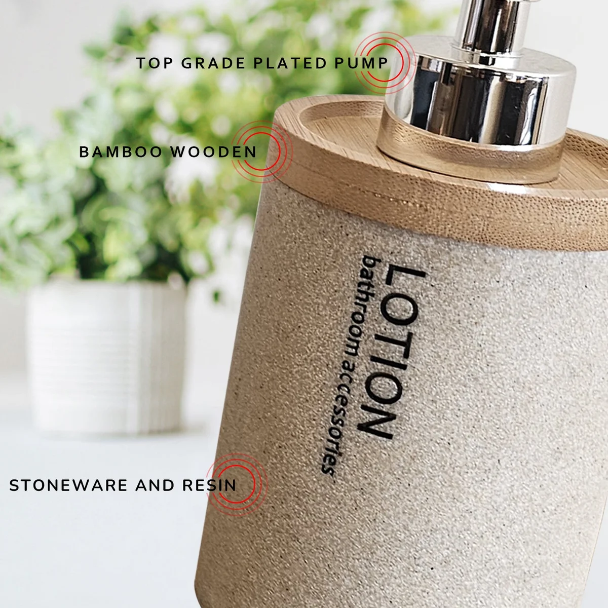 Modern luxury stone effect water resistant bathroom set with lotion dispenser, toothbrush holder, and tumbler on white background