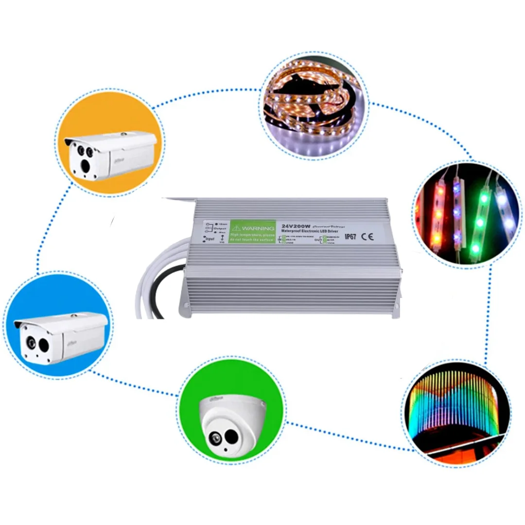 Compact rectangular 24V waterproof LED driver with aluminum casing, rubber-sealed cables, and IP67 rating.