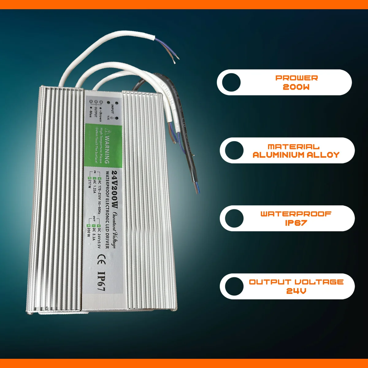 Compact aluminum IP67 LED power supply with rubber-sealed cables, 24V 200W output, and CE RoHS certifications