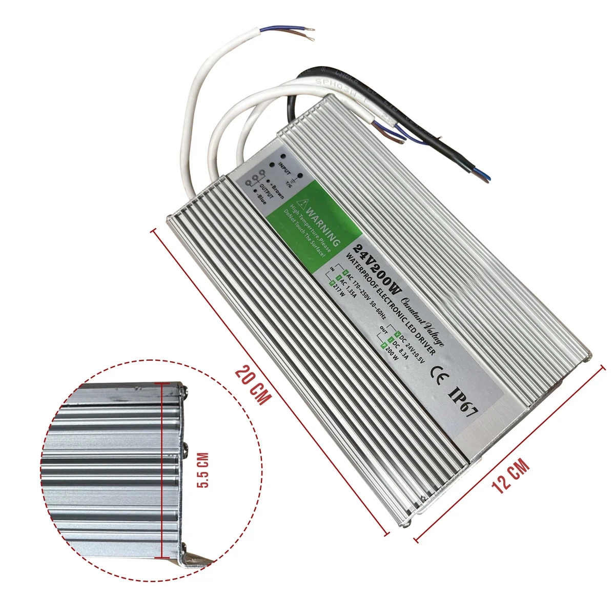 Compact DC 24V 8.3A 200W LED transformer in aluminum casing with IP67 waterproof rating and sealed cables