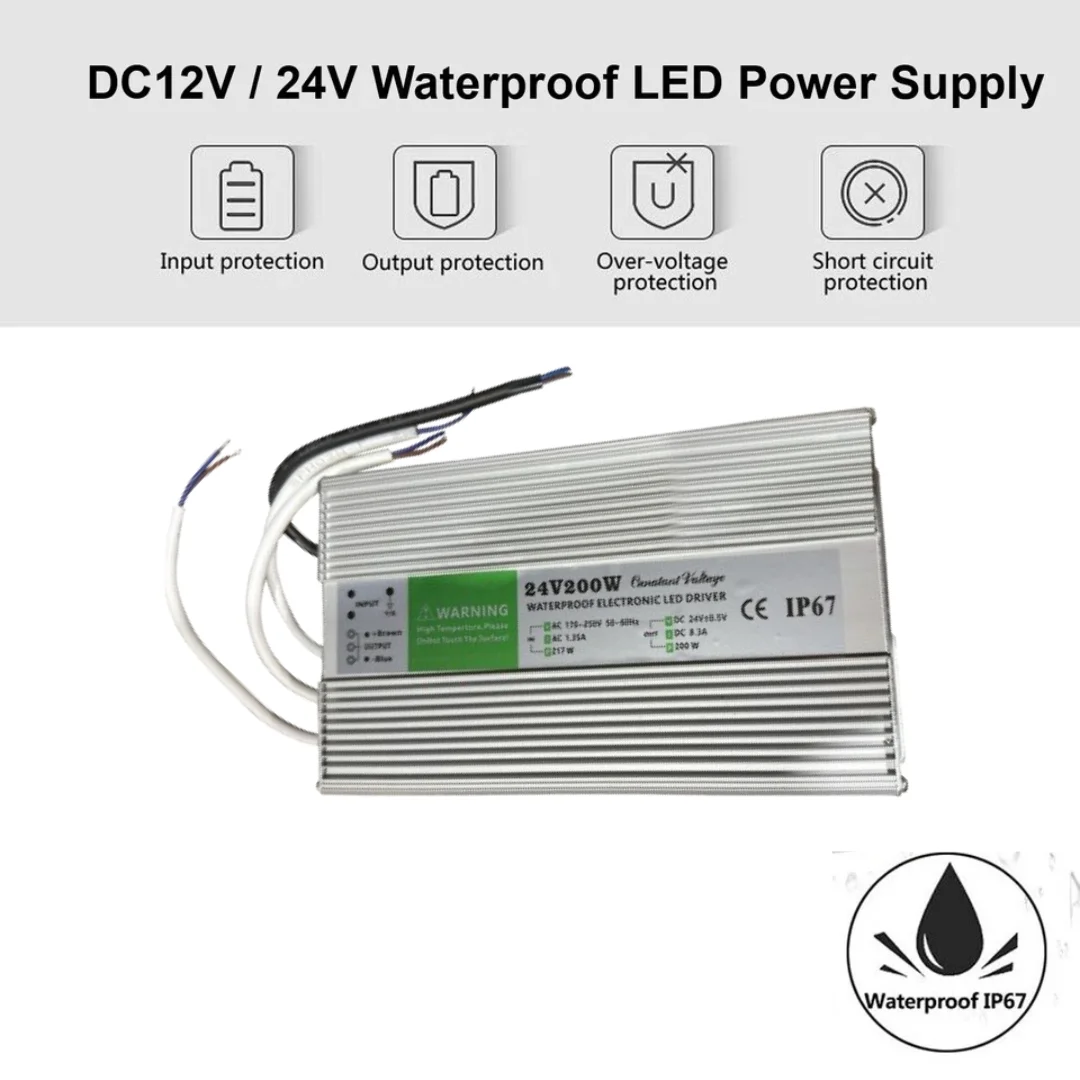 DC 24V LED driver in a compact aluminum alloy case with rubber-sealed cables, rated IP67 waterproof, 200W power supply transformer