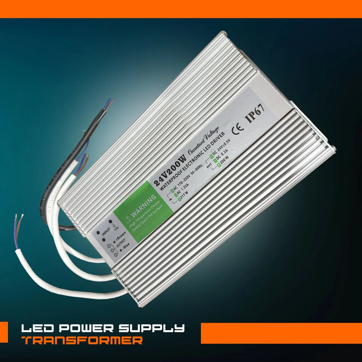 Waterproof LED power supply in aluminum casing with rubber-sealed cables and IP67 rating for outdoor use