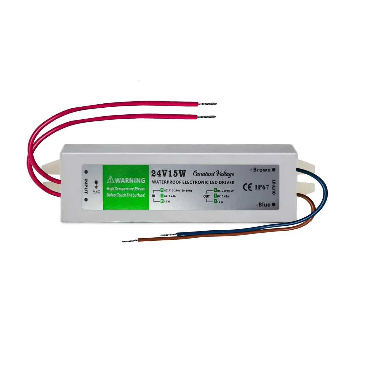 Compact IP67 LED driver in aluminum casing with rubber-sealed cables for outdoor 24V 15W LED power supply