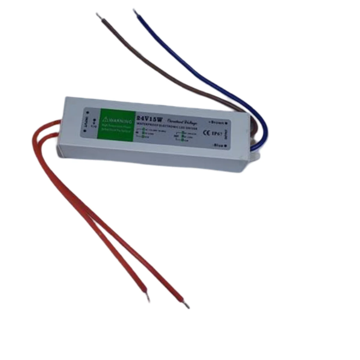 Compact IP67 waterproof 24V LED power supply in aluminum casing with rubber-sealed cables and AC input terminals