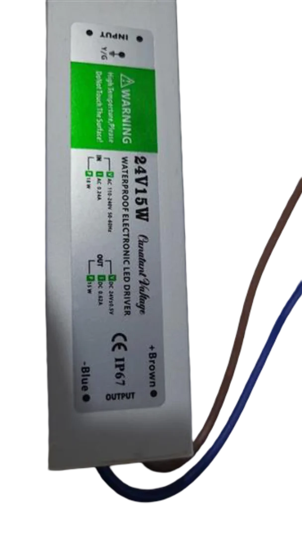 Compact 15W LED transformer in aluminum alloy casing with IP67 waterproof rating and rubber-sealed cables for outdoor use
