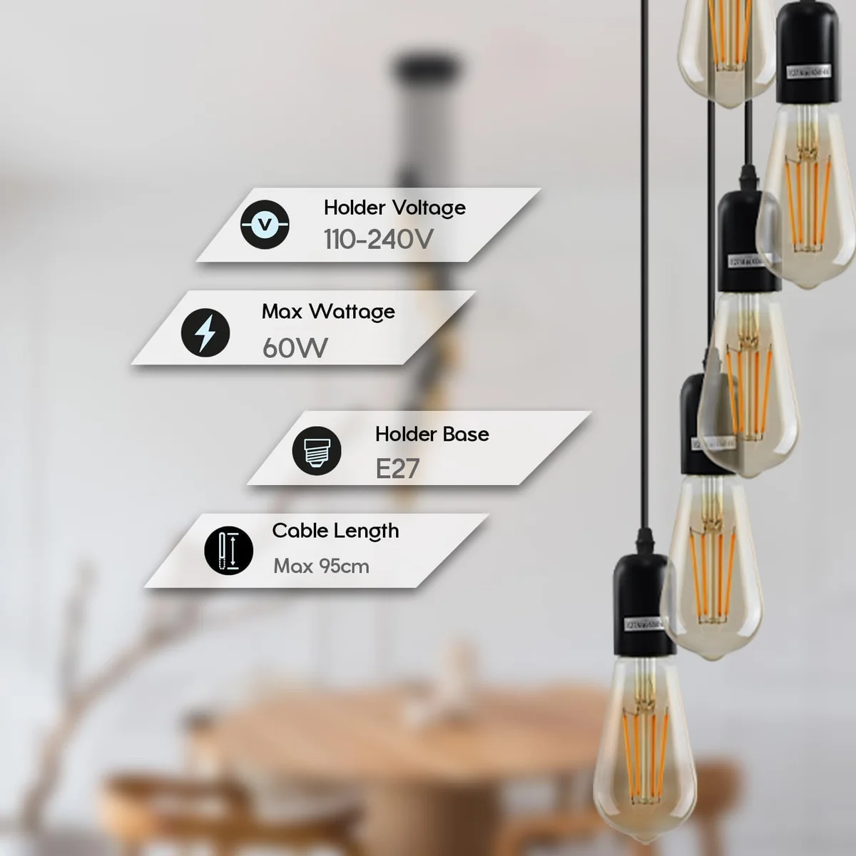 Adjustable metal bulb holder with black PVC cable and E27 socket, ceiling-mounted vintage style pendant light fixture