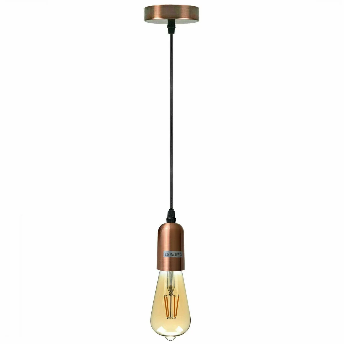 Metal pendant light holder with adjustable PVC cable and E27 bulb socket, ceiling-mounted, vintage style, black finish