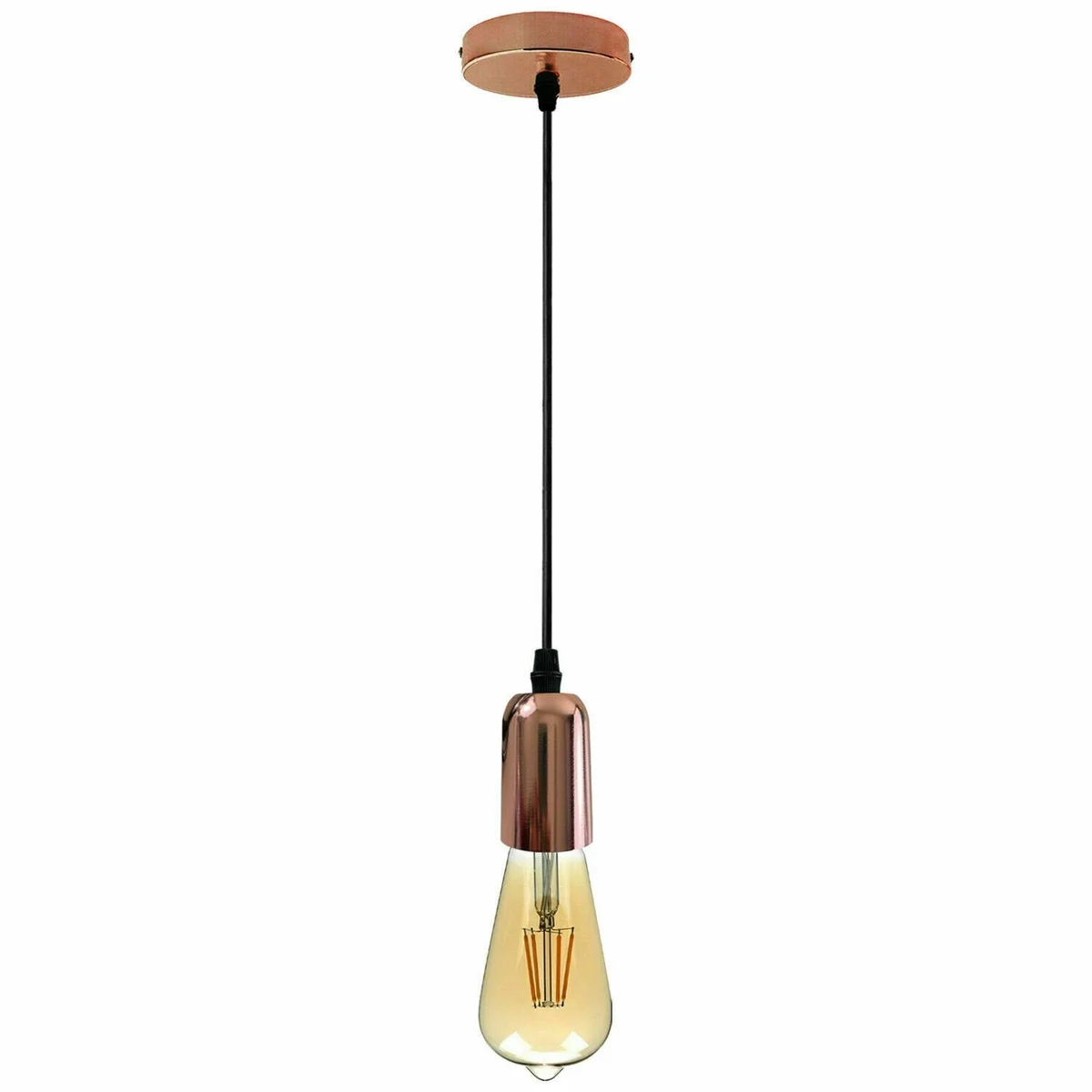 E27 pendant bulb holder with adjustable black metal fixture and coiled PVC cable hanging against white background