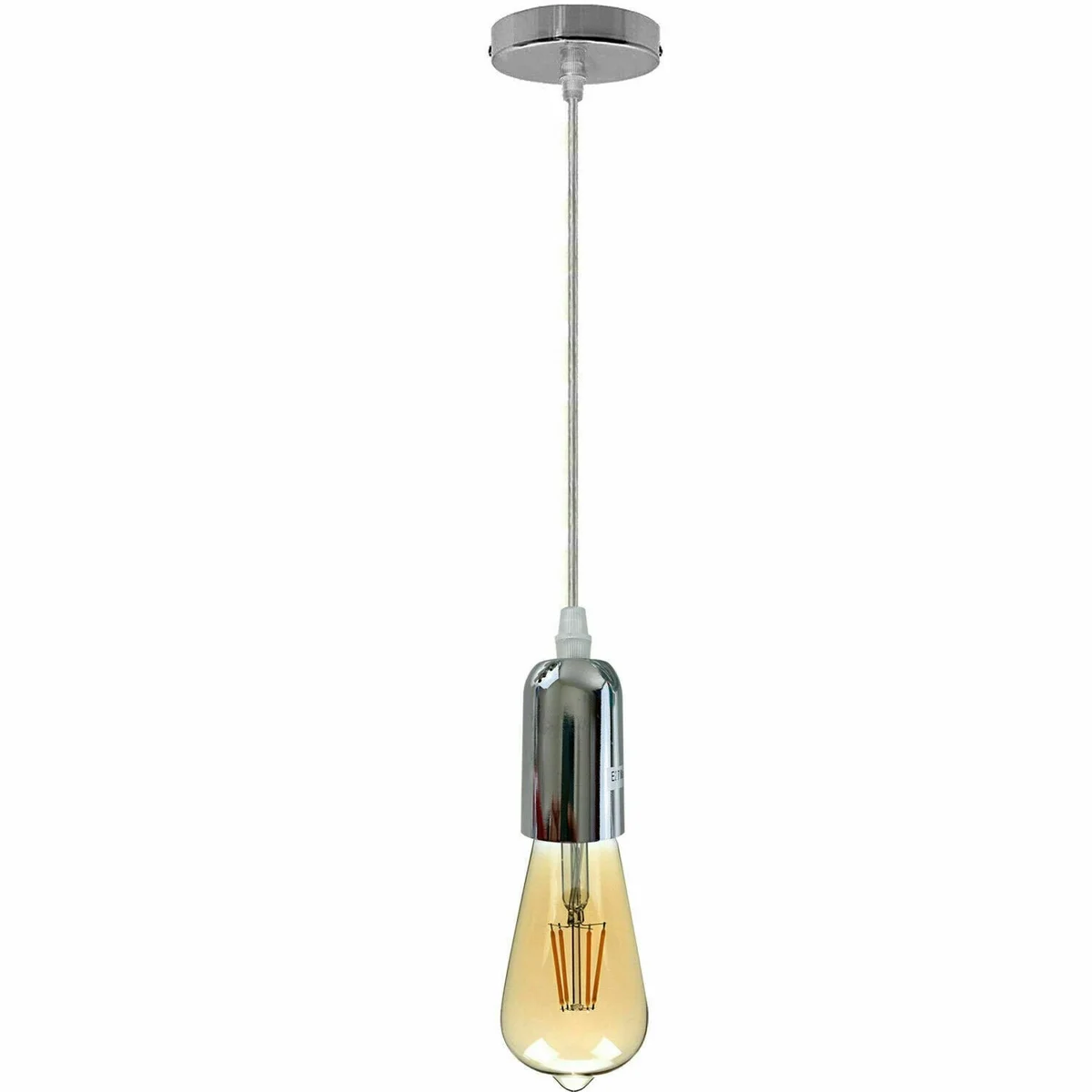 E27 pendant bulb holder with metal socket and adjustable black PVC cable hanging against white background
