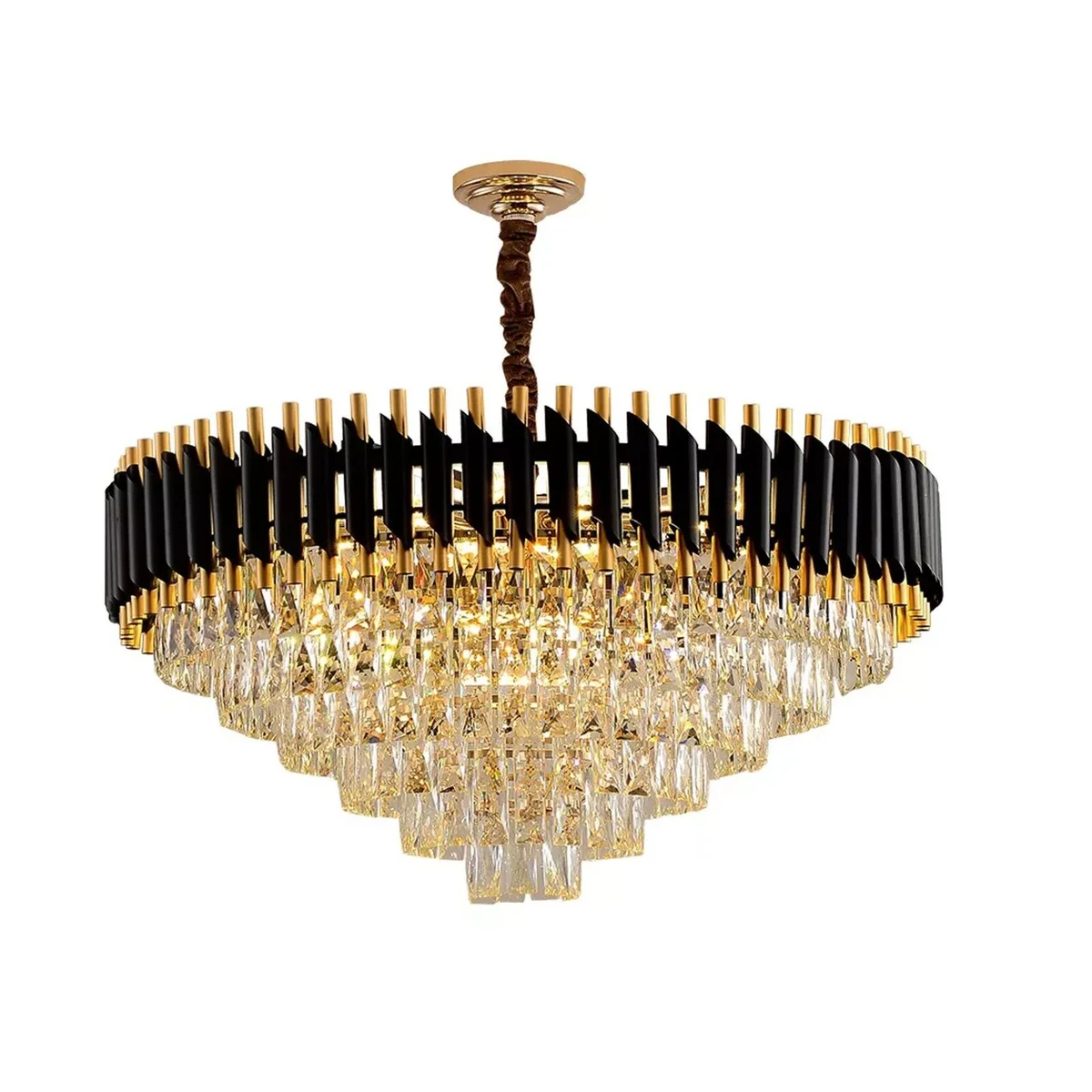 Modern black and gold crystal wall lights with matching chandelier, featuring crystal lampshades and metal accents