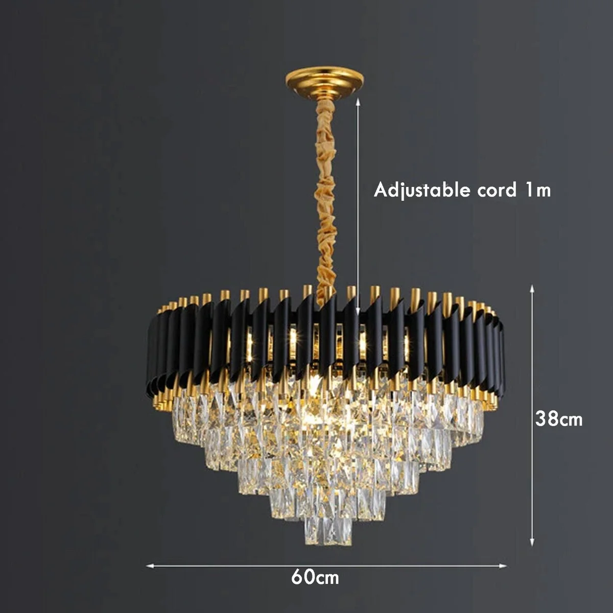 Modern black and gold crystal chandelier with matching wall lights featuring E14 lamp chandelier bulbs and metal frame