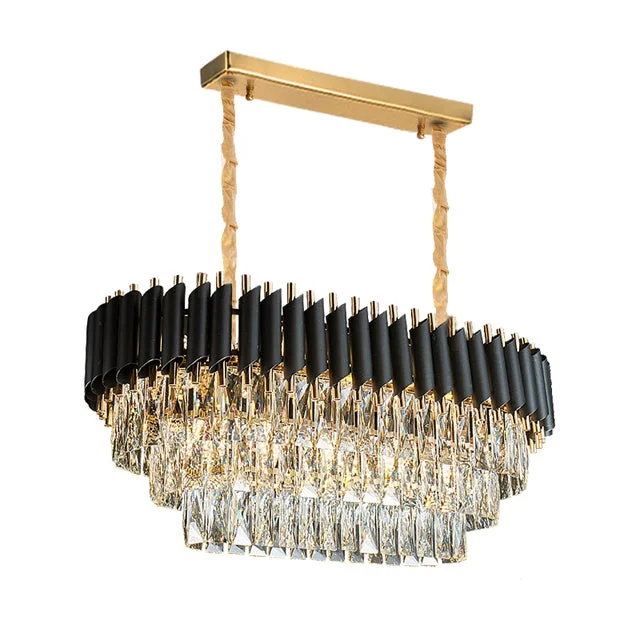 Modern pendant light with black and gold metal frame, crystal lampshade, round design, suitable for living room or bedroom