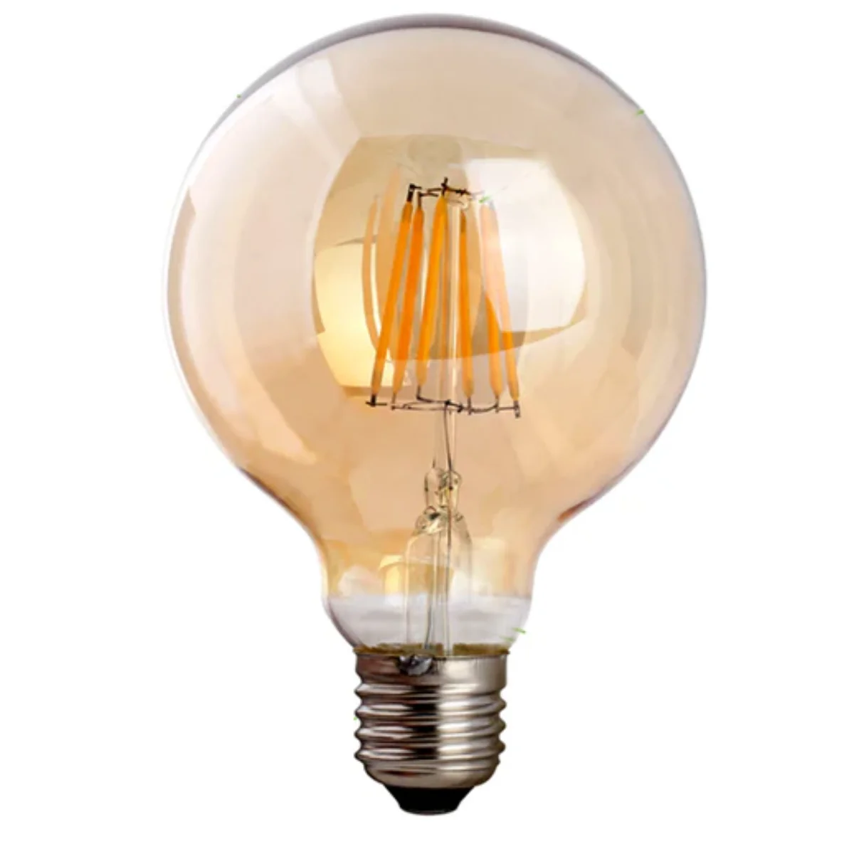 Amber glass vintage dimmable LED bulb G95 with E27 screw base, glowing softly at 2700K warm light temperature