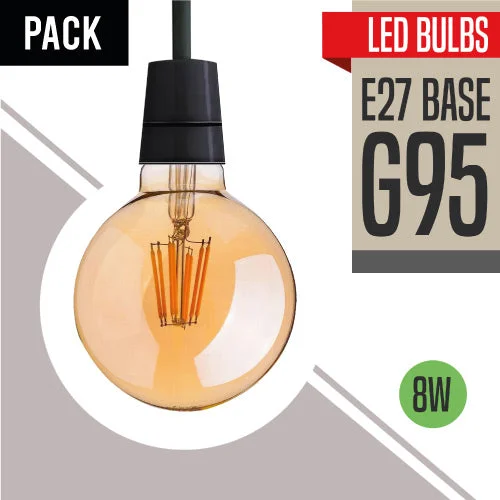 Vintage G95 dimmable E27 LED bulb with amber glass and classic filament design, 8W energy-saving light bulb
