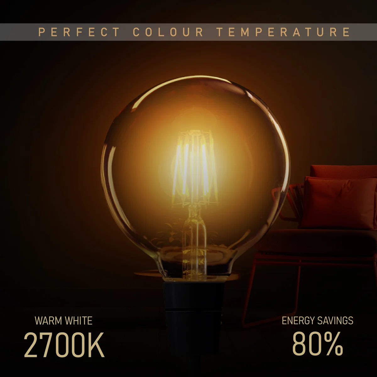 Vintage dimmable LED light bulb with amber glass bulb and E27 screw base glowing warmly on a dark background