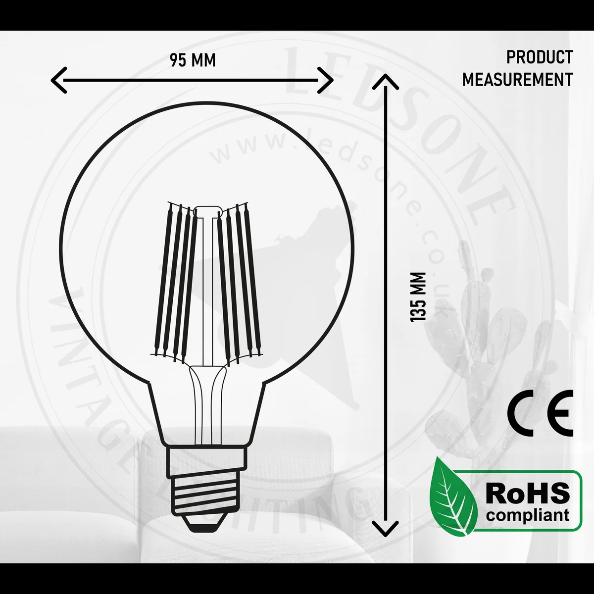 Amber vintage G95 dimmable globe bulb with E27 base, showcasing long lasting LED bulb filament design and warm light glow