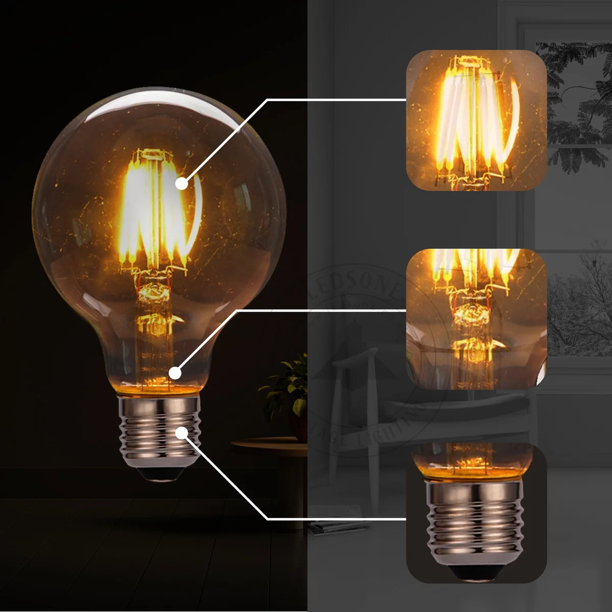 Vintage style G95 globe E27 LED bulb with visible filament, clear glass, and warm dimmable light for decorative use