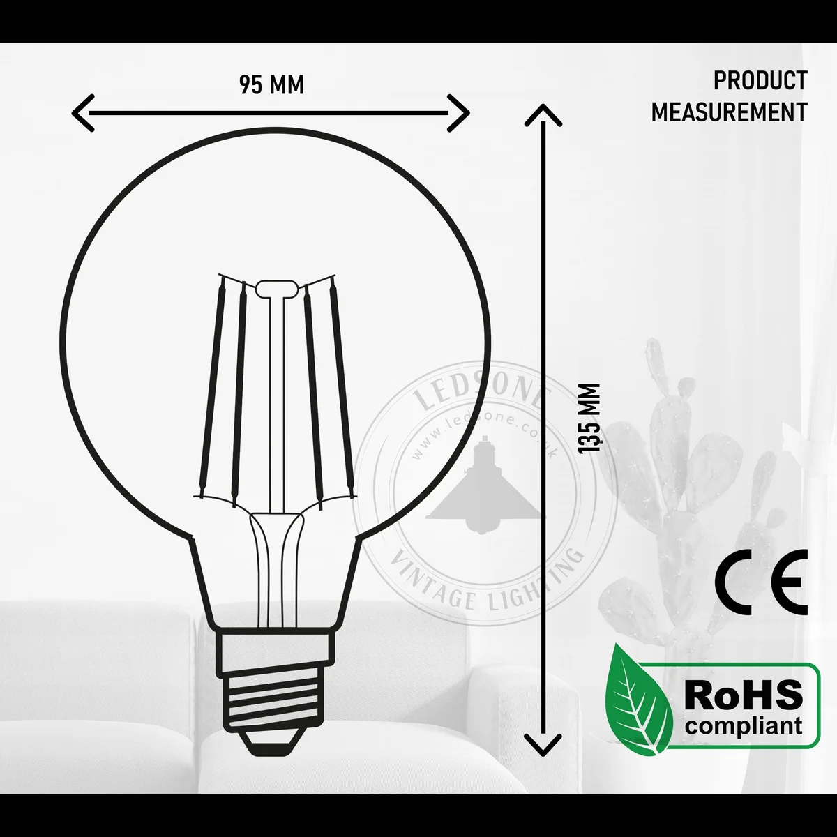 Vintage style 4W filament bulb with E27 base and clear glass globe, ideal for dimmable lighting and decorative use