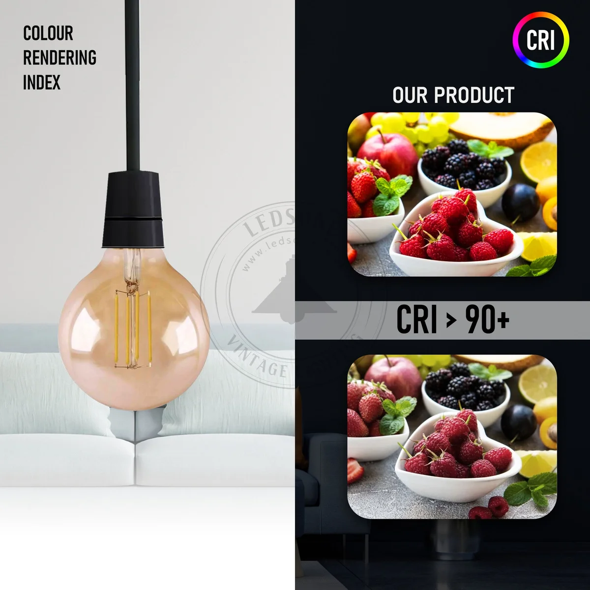 Vintage LED bulb G95 filament style glowing softly in a dimmable E27 socket, showcasing warm decorative light