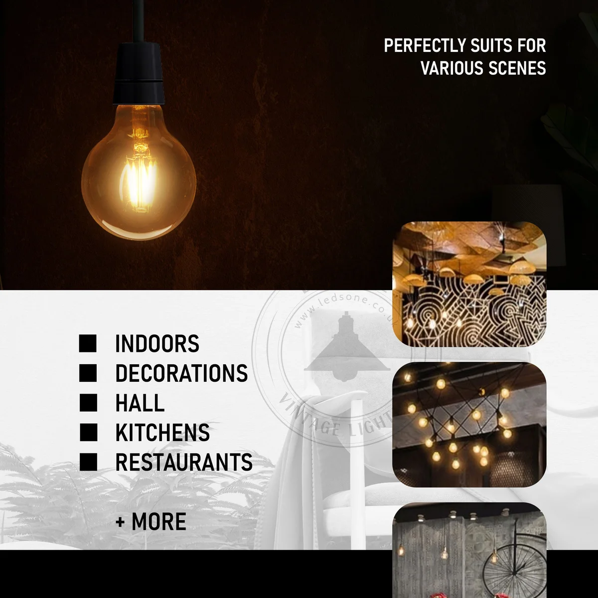 Vintage LED bulb G95 with E27 socket, clear glass globe, glowing filament, dimmable soft warm light design