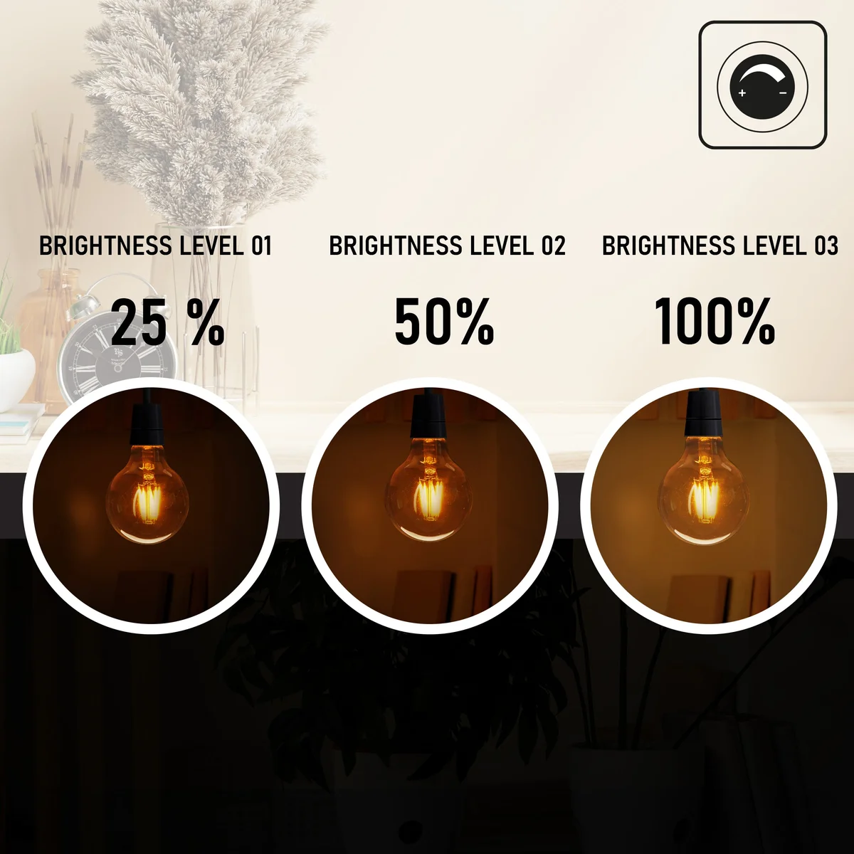 Vintage LED bulb G95 filament glowing warmly in a dimmable E27 socket, ideal for decorative lighting.