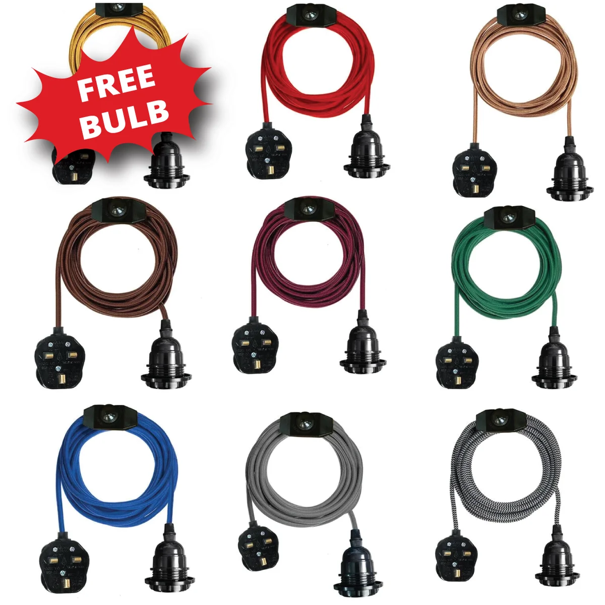 Plug-in pendant light with 2m fabric braided cable, E27 bulb, dimmer switch, and UK 3-pin plug in vintage style