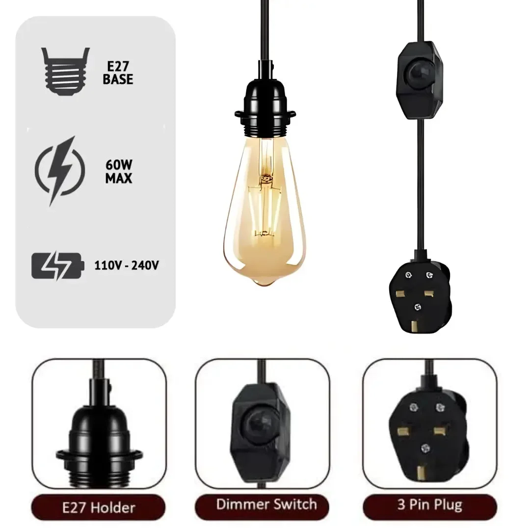 Vintage pendant light with 2m fabric-covered cable, E27 bulb, dimmer switch, and UK 3-pin plug in gold and black colors