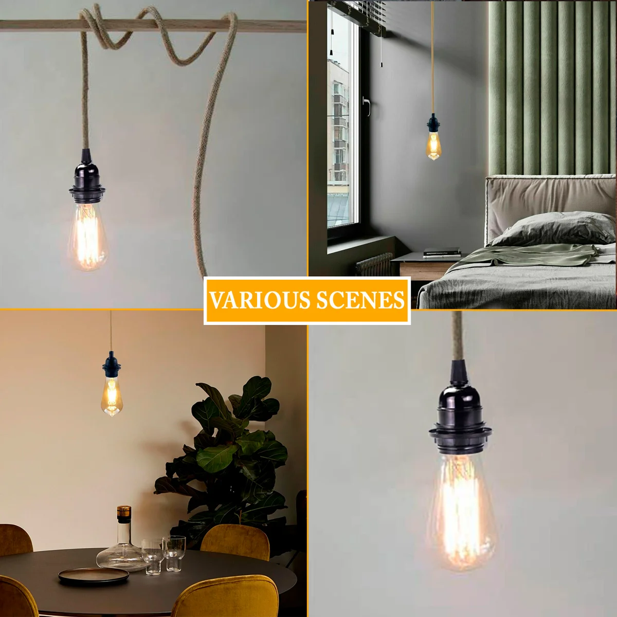 Vintage style UK plug pendant with fabric braided cable, E27 socket, dimmer switch, and included bulb on white background
