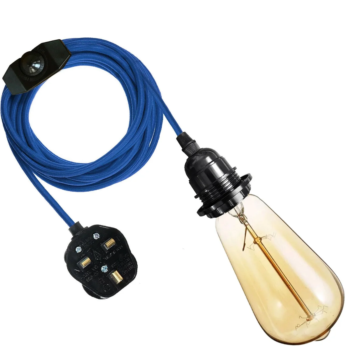 Plug-in pendant light with gold fabric-covered cable, E27 bulb, and dimmer switch, shown hanging indoors against white background