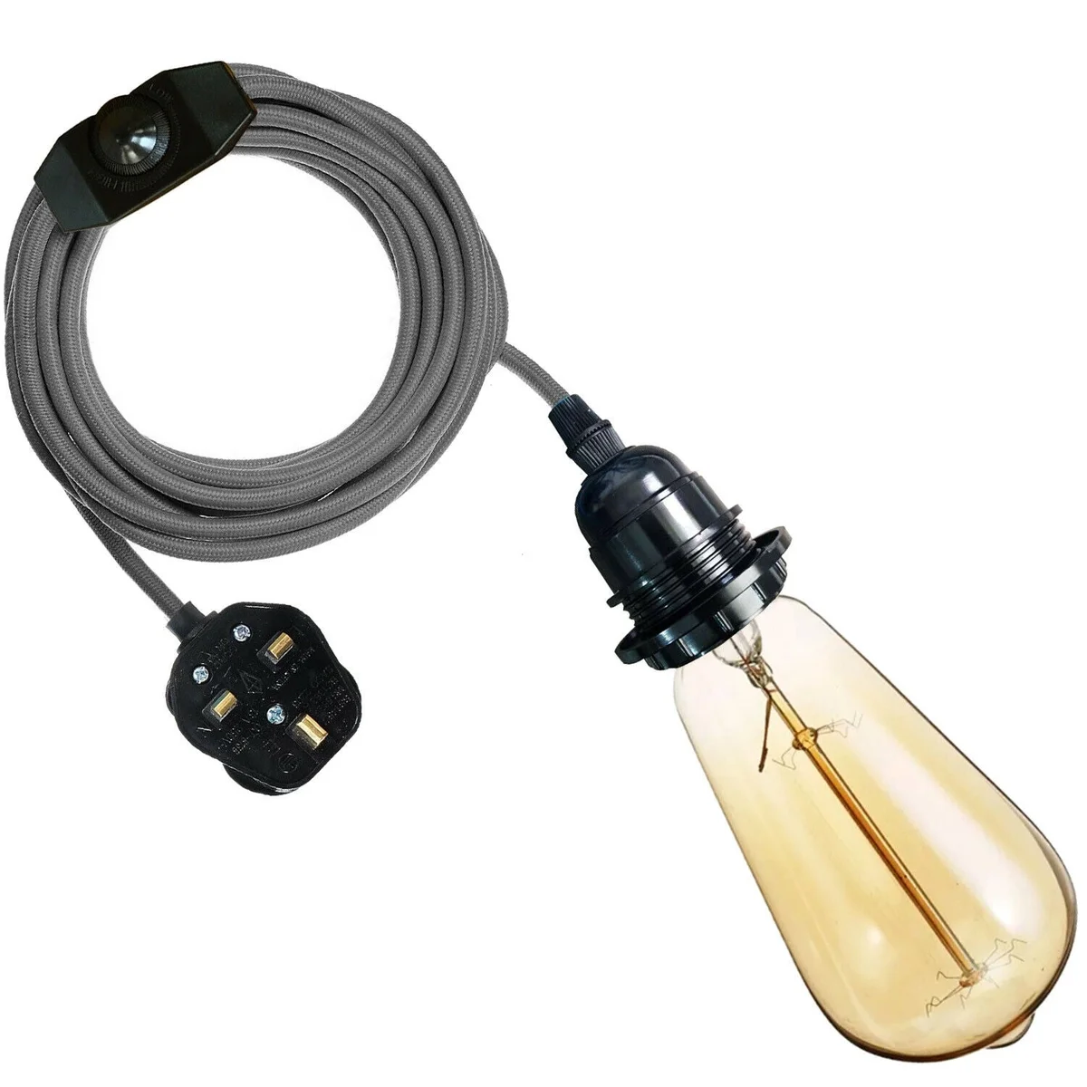 Plug-in pendant light with 2m fabric braided cable, vintage E27 dimmer switch, UK 3-pin plug, and included bulb