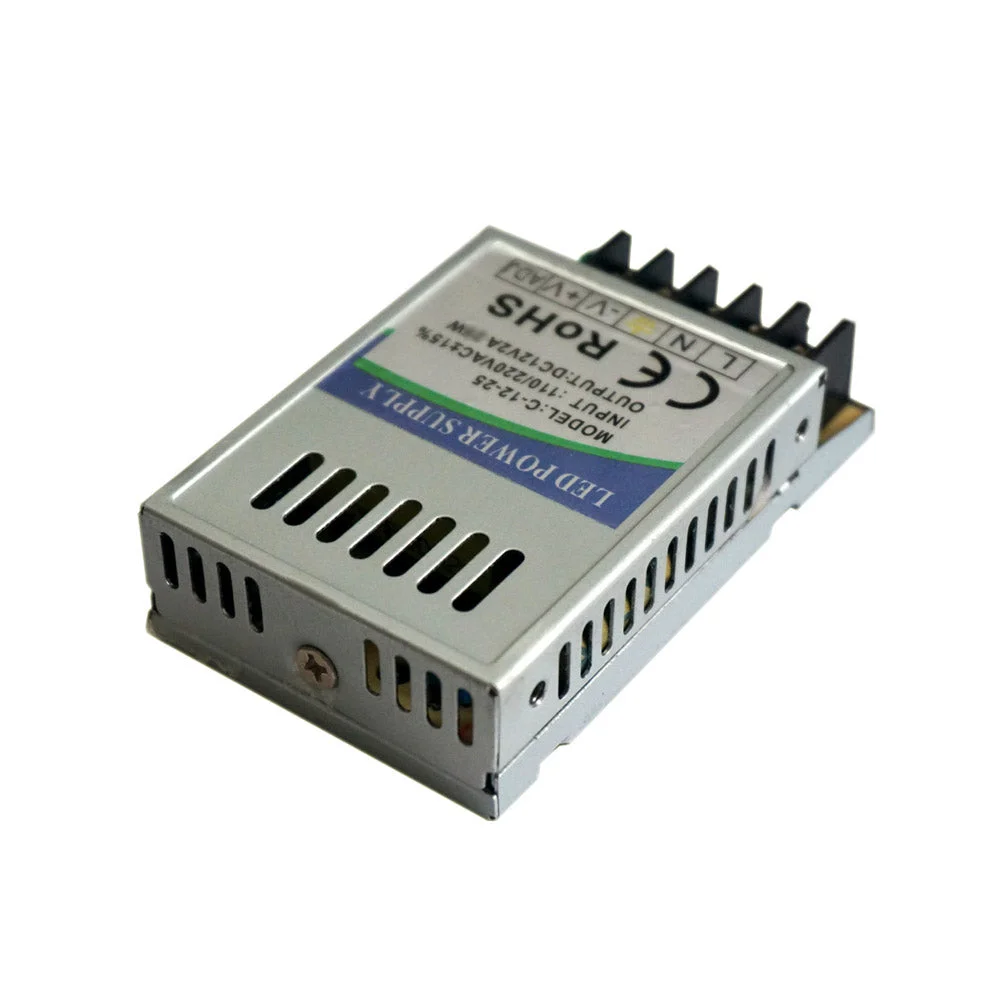 Slimline 12V LED power supply with aluminium casing, screw terminals, and honeycomb ventilation design for LED strips