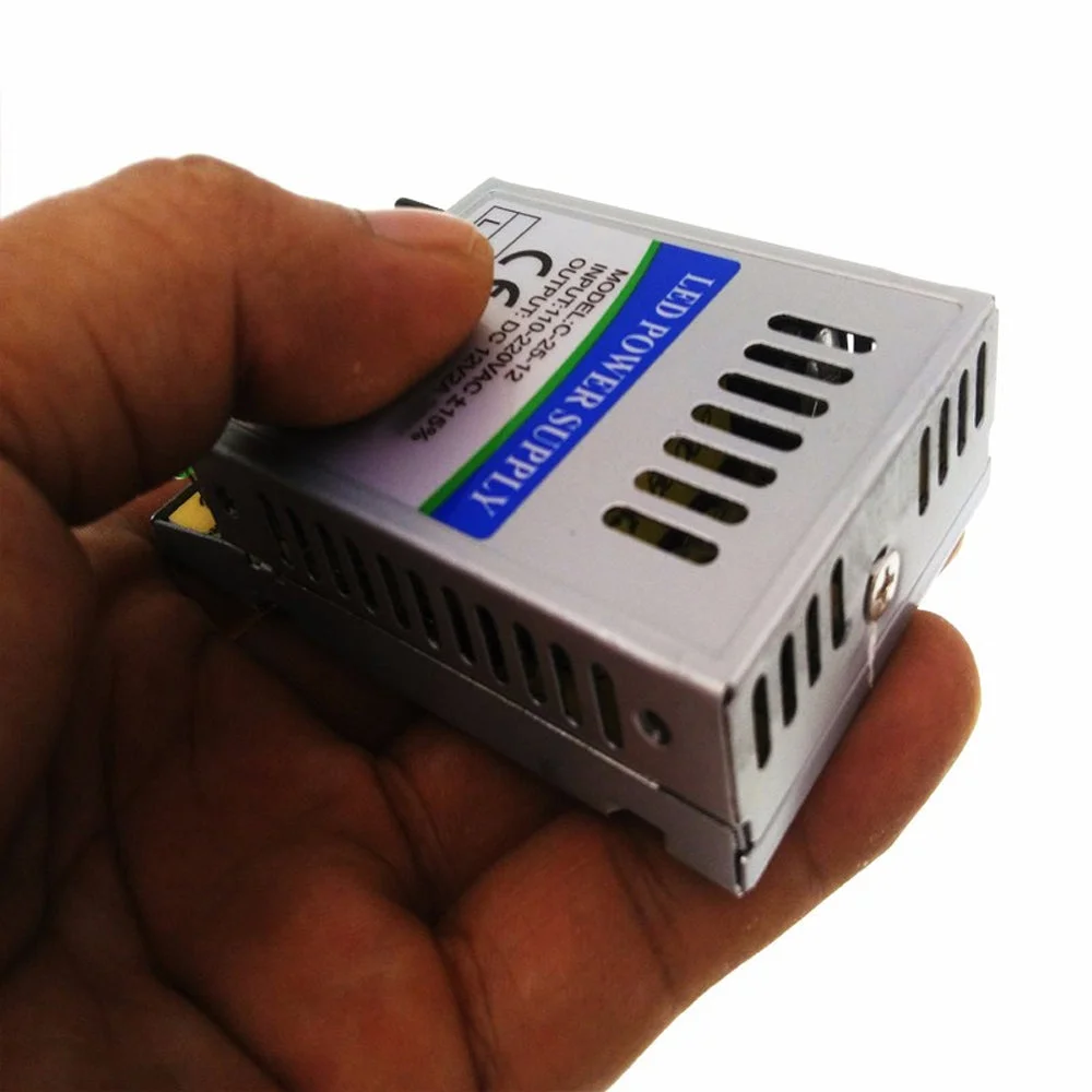 Slimline 12V DC switching power supply with aluminium alloy casing and screw terminal connections for LED lighting systems