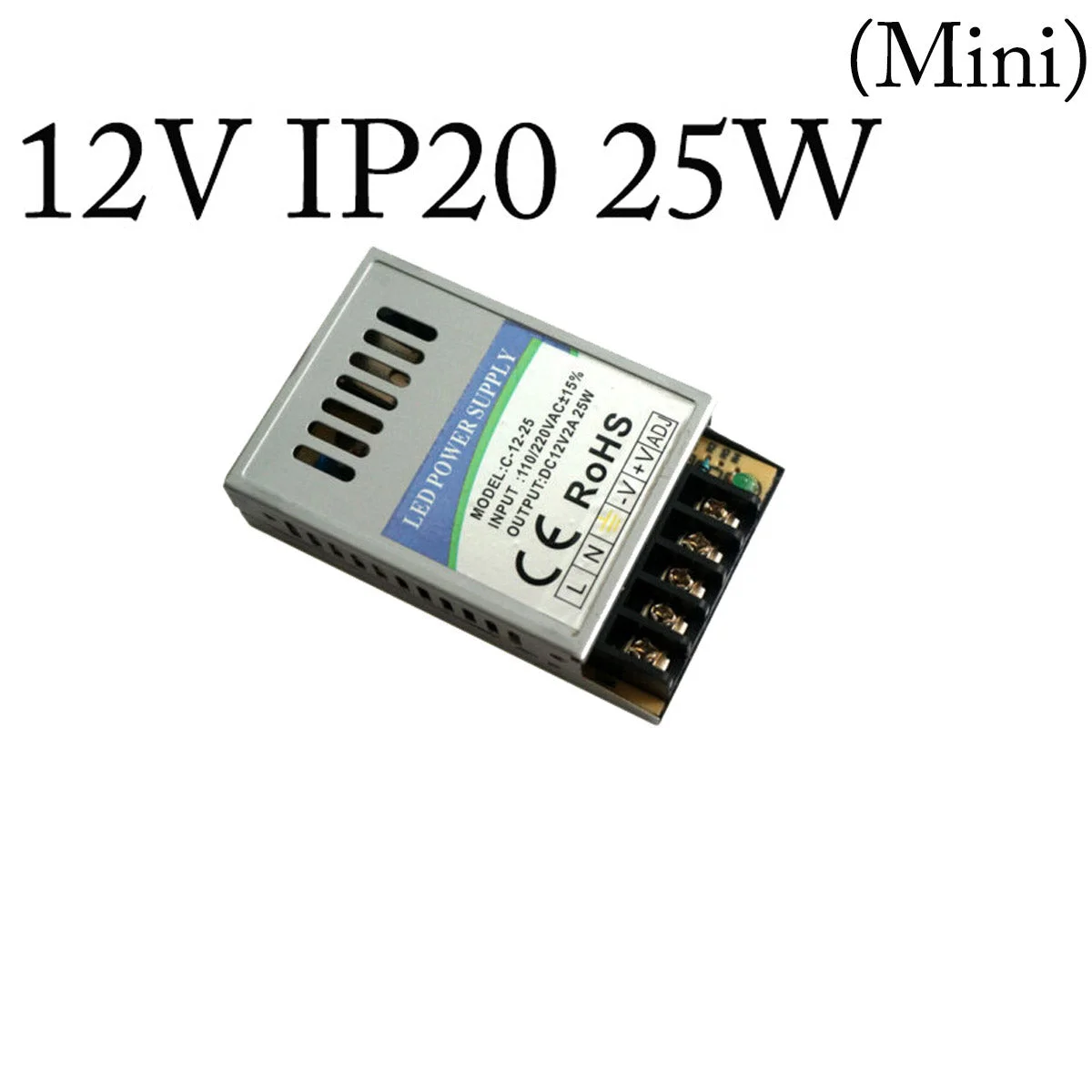 Slimline 12V constant voltage driver with aluminium casing, honeycomb vents, and secure screw terminals for LED lighting
