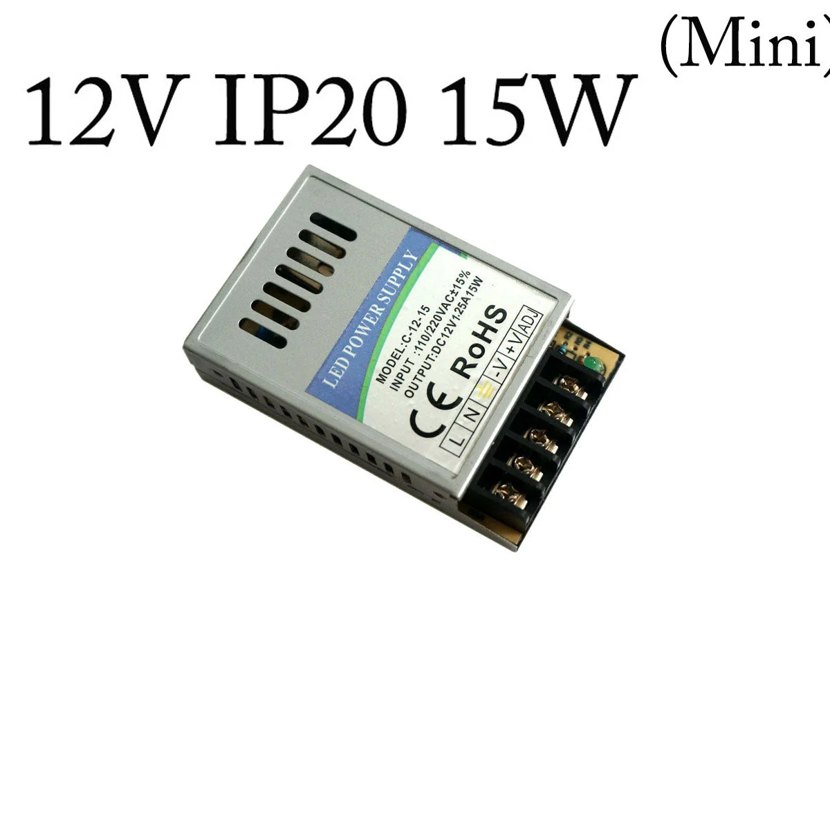 Slimline 12V DC indoor LED power supply with aluminium casing, honeycomb vents, and secure screw terminals for wiring