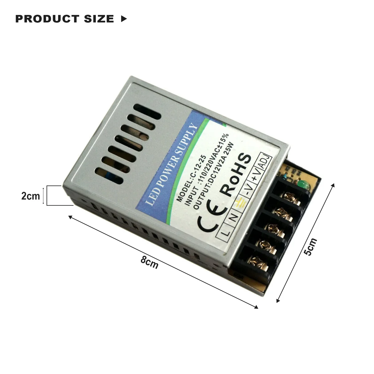 Slim 12V LED power supply with aluminium casing, honeycomb vents, and screw terminal connections for secure wiring