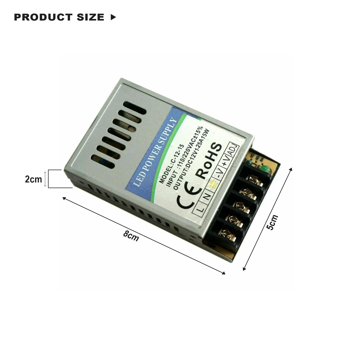 Slim 12V LED power supply with aluminium honeycomb casing, screw terminals, and ventilation for LED strip lighting.
