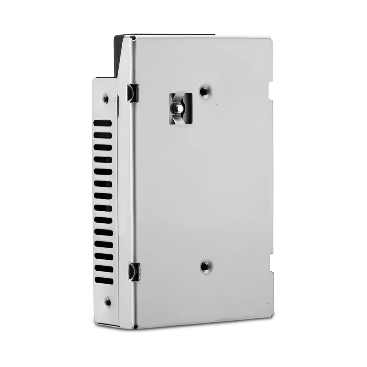 Slimline 12V LED power supply with aluminium casing, screw terminals, and honeycomb ventilation for heat dissipation