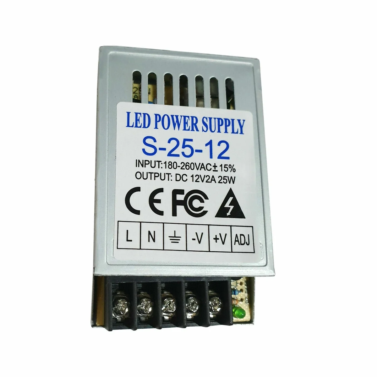 Slimline 12V LED power supply with aluminium case, honeycomb vents, and screw terminal connections for secure wiring