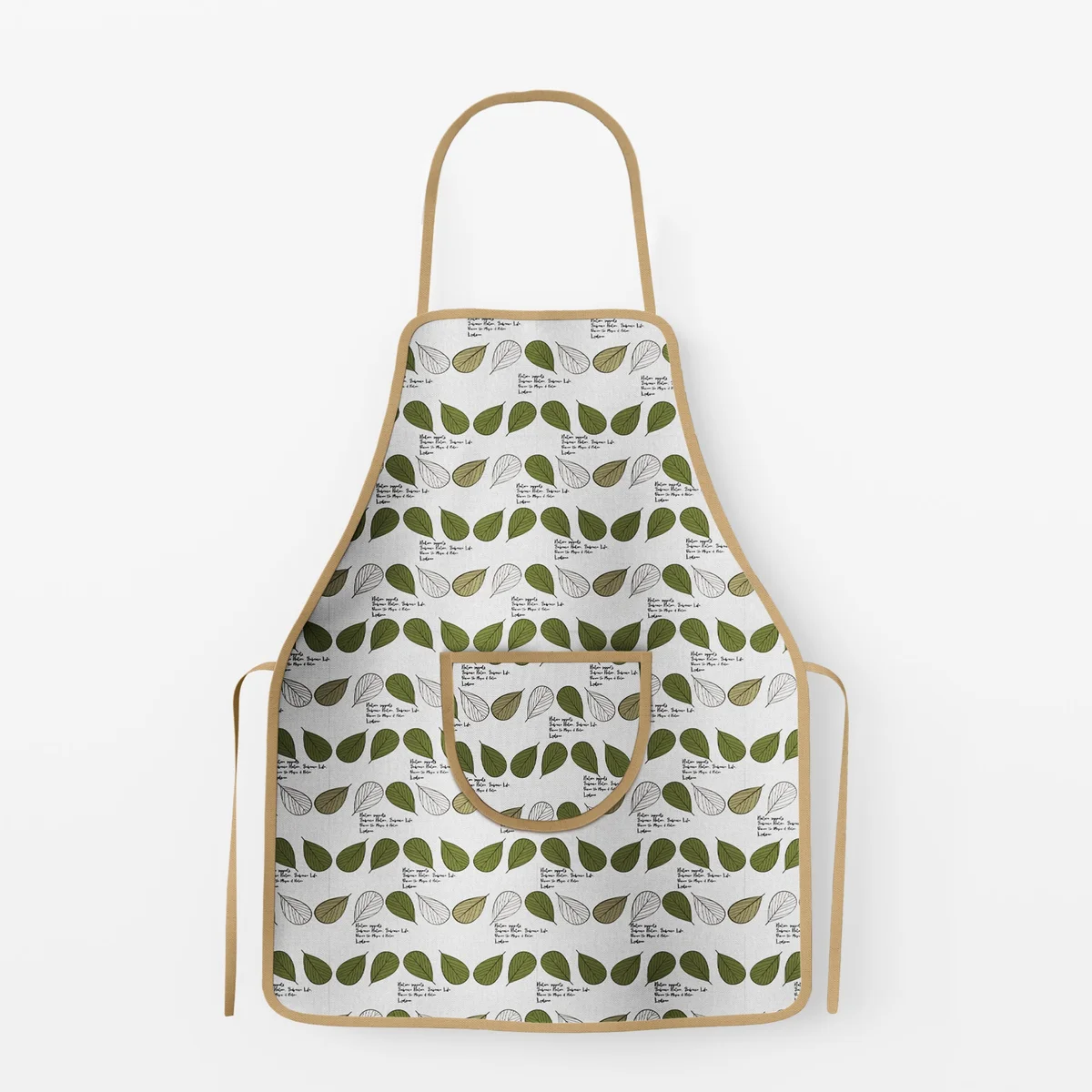 Adjustable cotton apron with front pocket, matching oven glove and pot holder hanging on hooks in kitchen setting